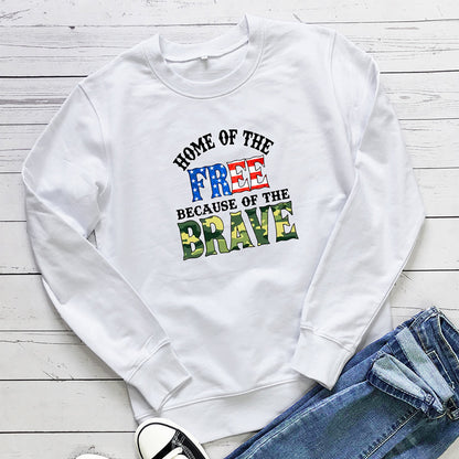 White "Home of the Free Because of the Brave" graphic print crew neck sweatshirt by Mazify