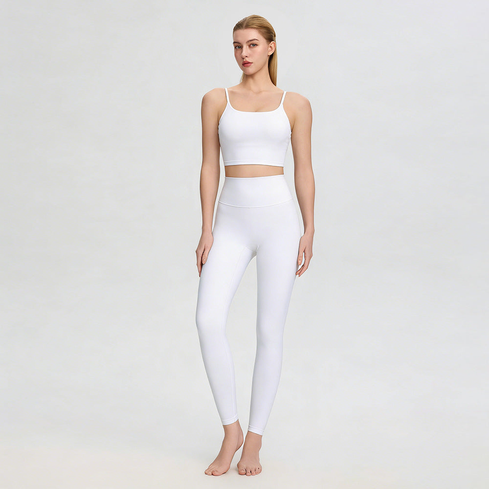 Women's beige naked feel sports vest with chest pad and high waist leggings set by Mazify