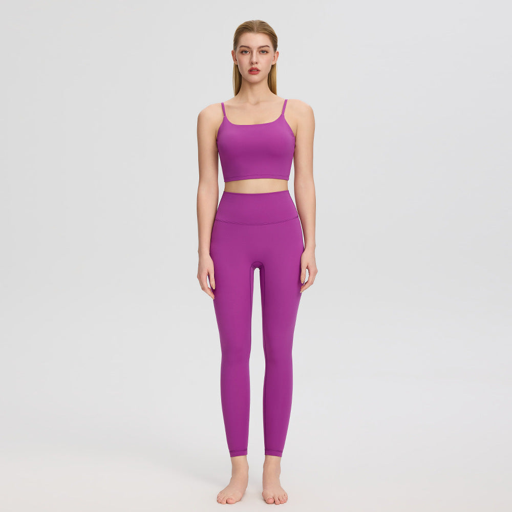 Women's purple naked feel sports vest with chest pad and high waist leggings set by Mazify