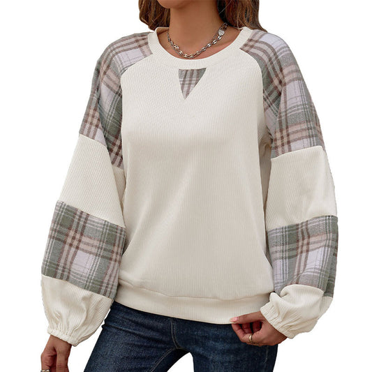 Women's apricot plaid color block crew neck pullover sweatshirt by Mazify