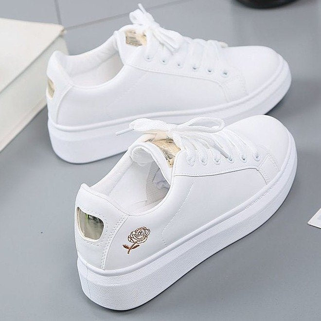 Women's white lace-up platform sneakers with gold rose embroidery by Mazify