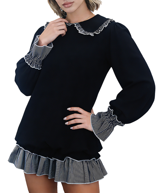 Women's black and white striped color-block dress with Peter Pan collar and open back by Mazify