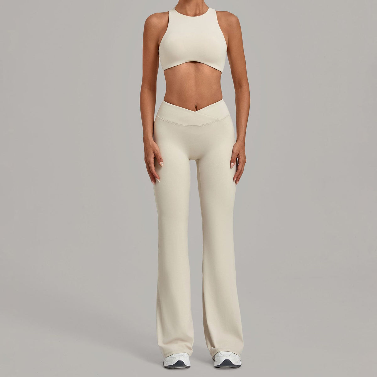 Women's cream apricot two piece seamless yoga set by Mazify