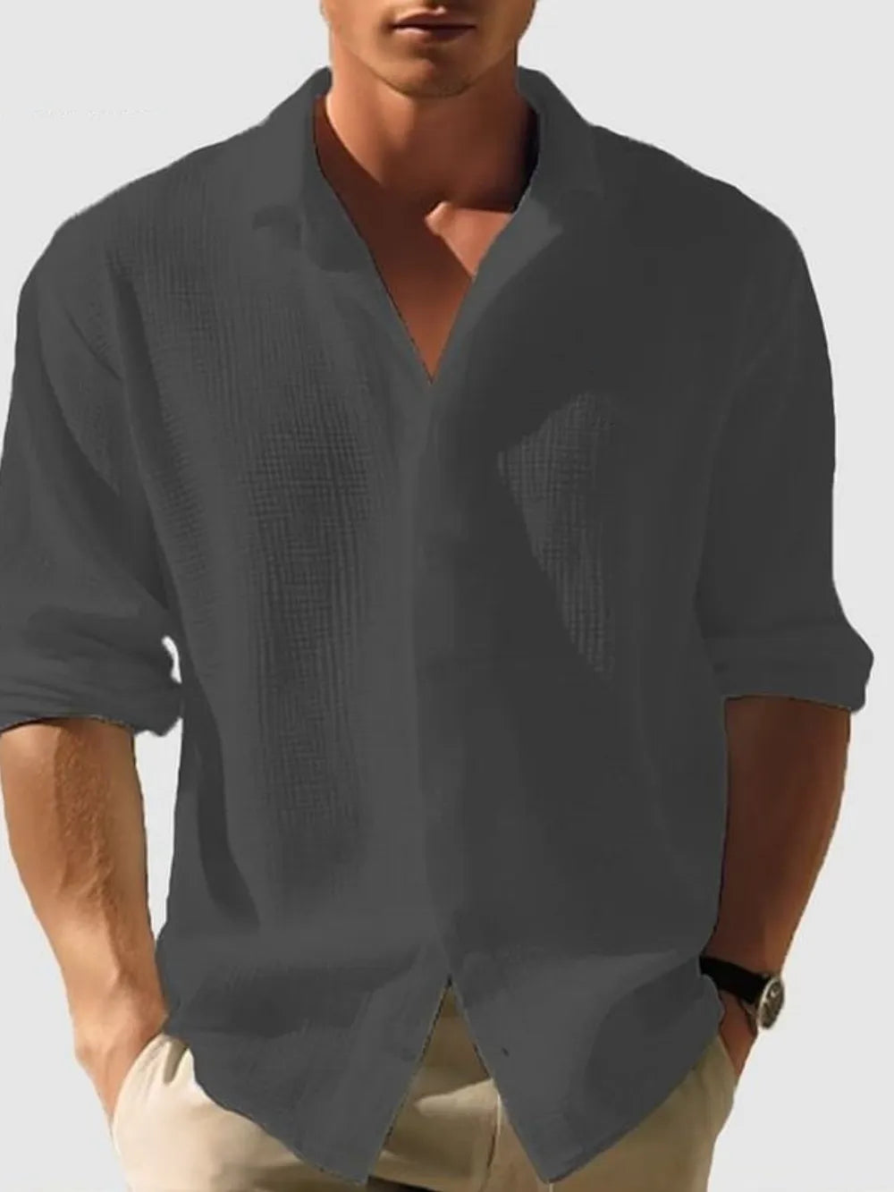 Close-up of collar and button details

