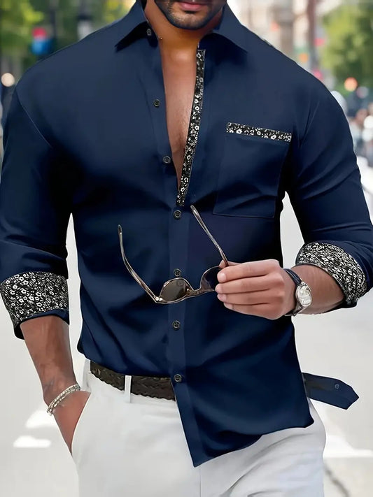 men wearing navy long sleeve shirt with contrast collar casual outfit