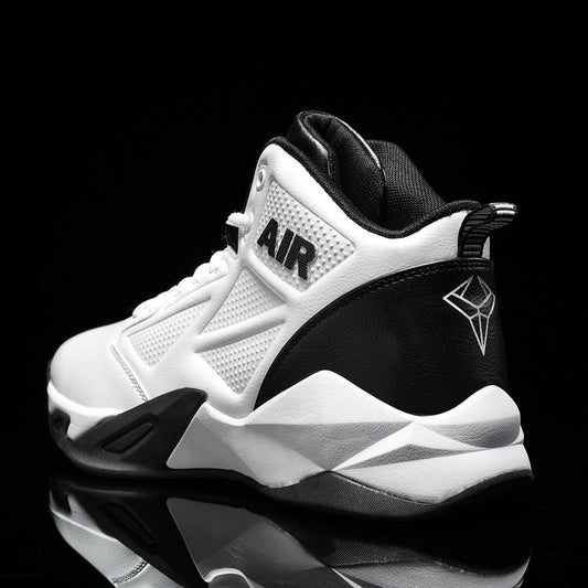 high-top men’s basketball shoes in white and black with AIR text
