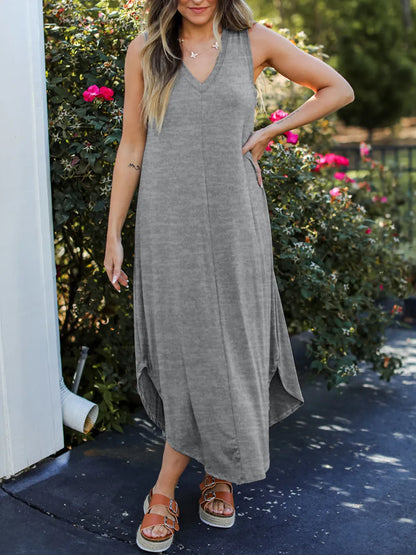 Back view of sleeveless full-size summer dress
