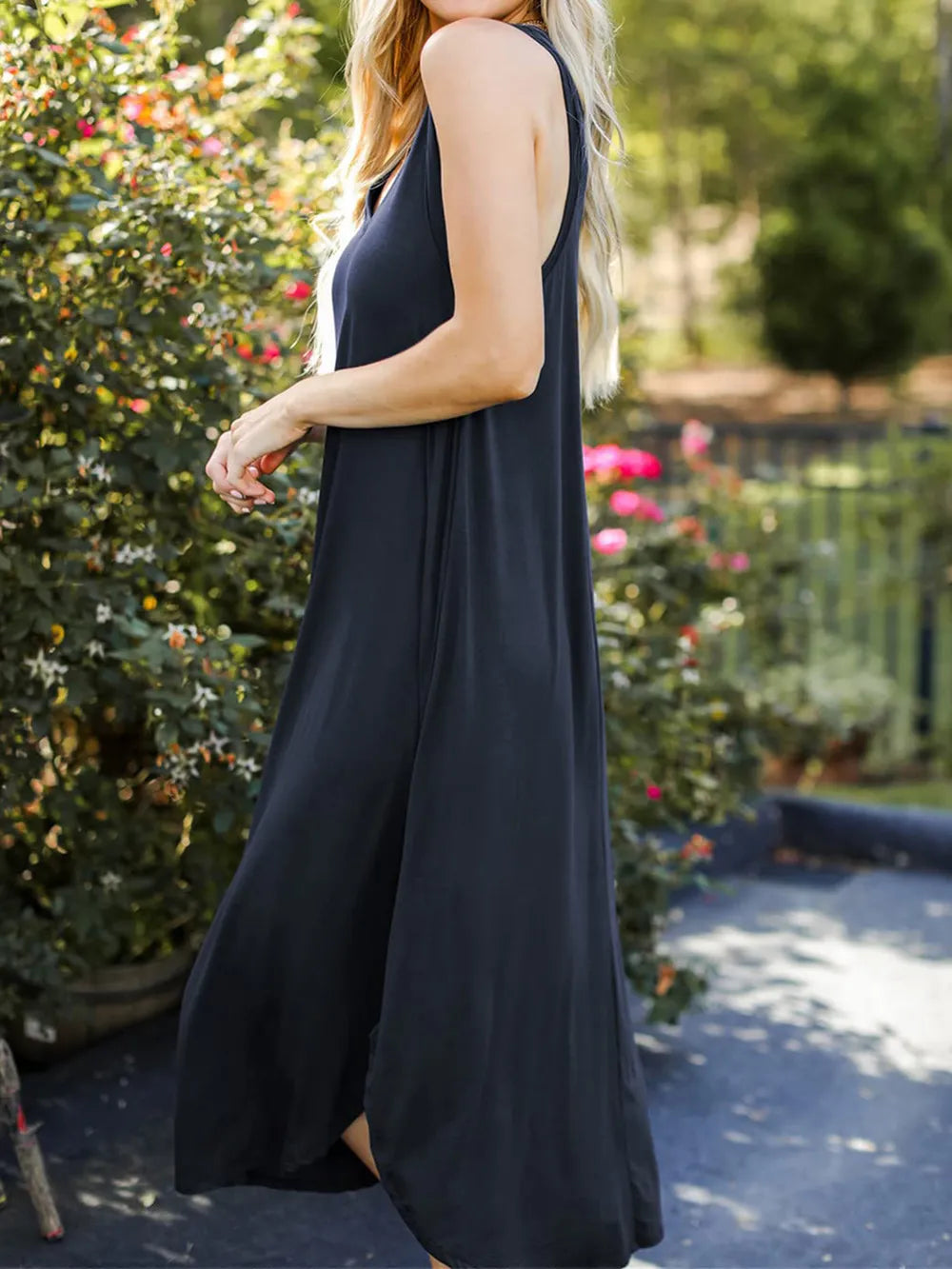 Minimalist look featuring sleeveless V-neck midi
