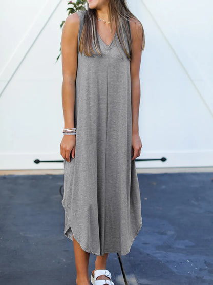 Close-up of V-neckline on tank dress
