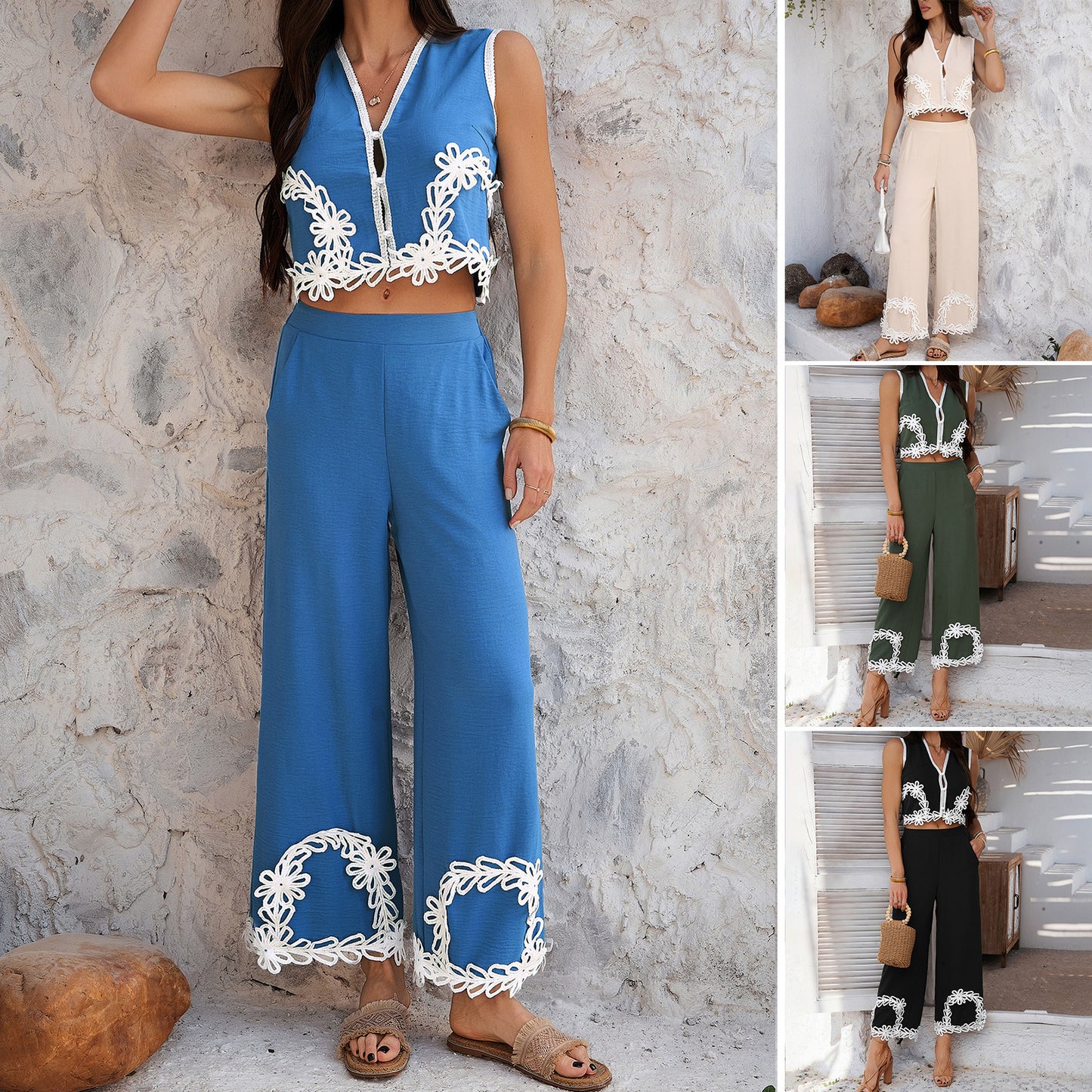 Green two-piece resort wear set with vest and pants
