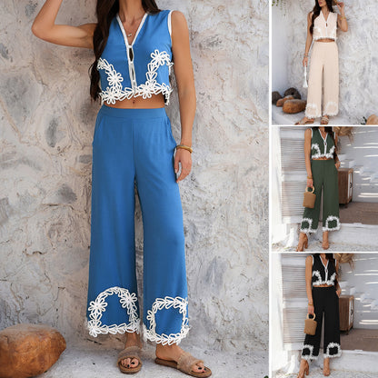 Green two-piece resort wear set with vest and pants

