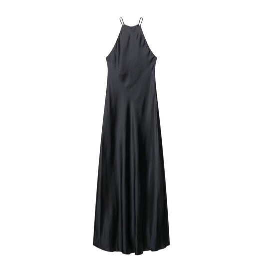 Front view of solid color silk texture suspender dress

