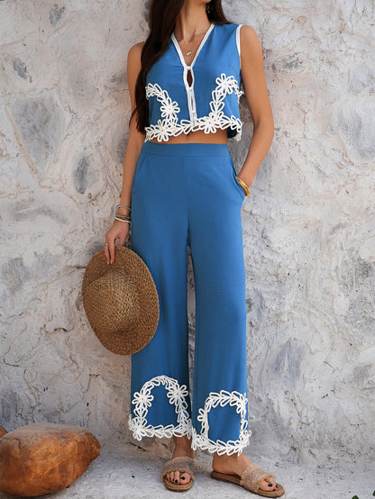 Green sleeveless vest and pants set
