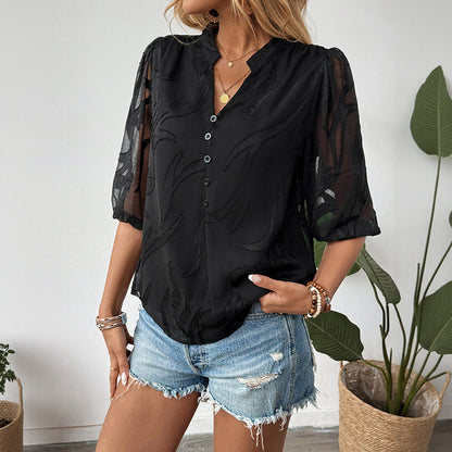 Back view of stand collar lace shirt for women
