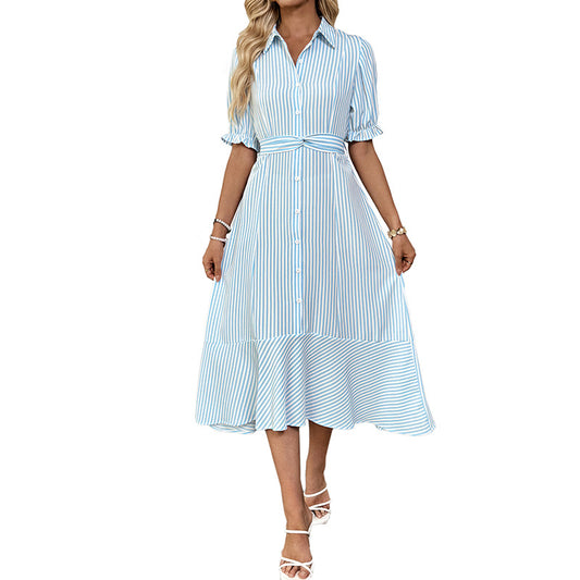 Front view of striped summer long dress with lapel and bubble sleeves
