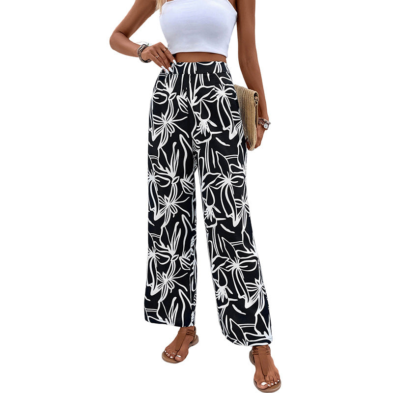 Front view of tropical print wide leg pants for women
