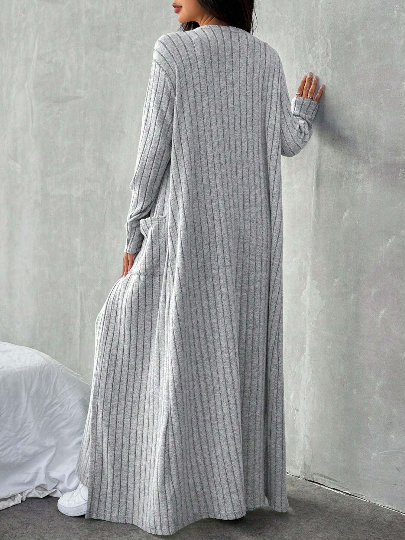 Women's gray 3-piece ribbed knit lounge set with cami crop top, wide leg pants and long open-front cardigan back