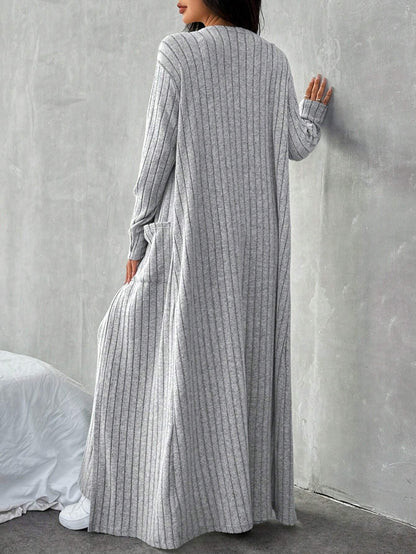 Women's gray 3-piece ribbed knit lounge set with cami crop top, wide leg pants and long open-front cardigan back