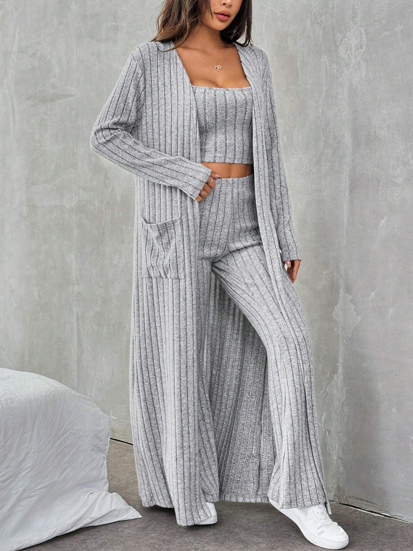 Women's gray 3-piece ribbed knit lounge set with cami crop top, wide leg pants and long open-front cardigan3