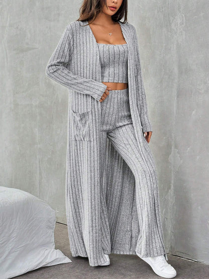 Women's gray 3-piece ribbed knit lounge set with cami crop top, wide leg pants and long open-front cardigan3