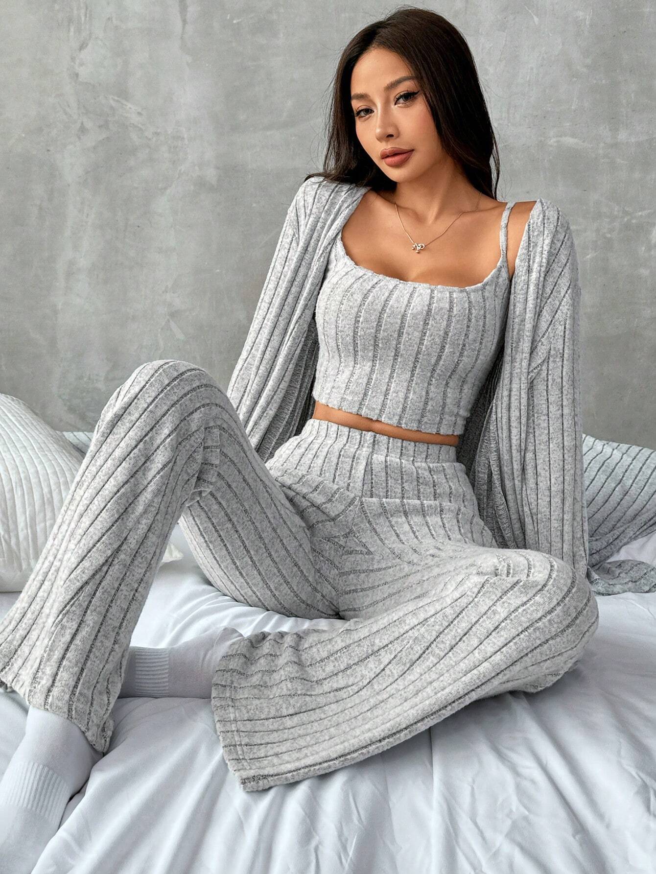 Women's gray 3-piece ribbed knit lounge set with cami crop top, wide leg pants and long open-front cardigans
