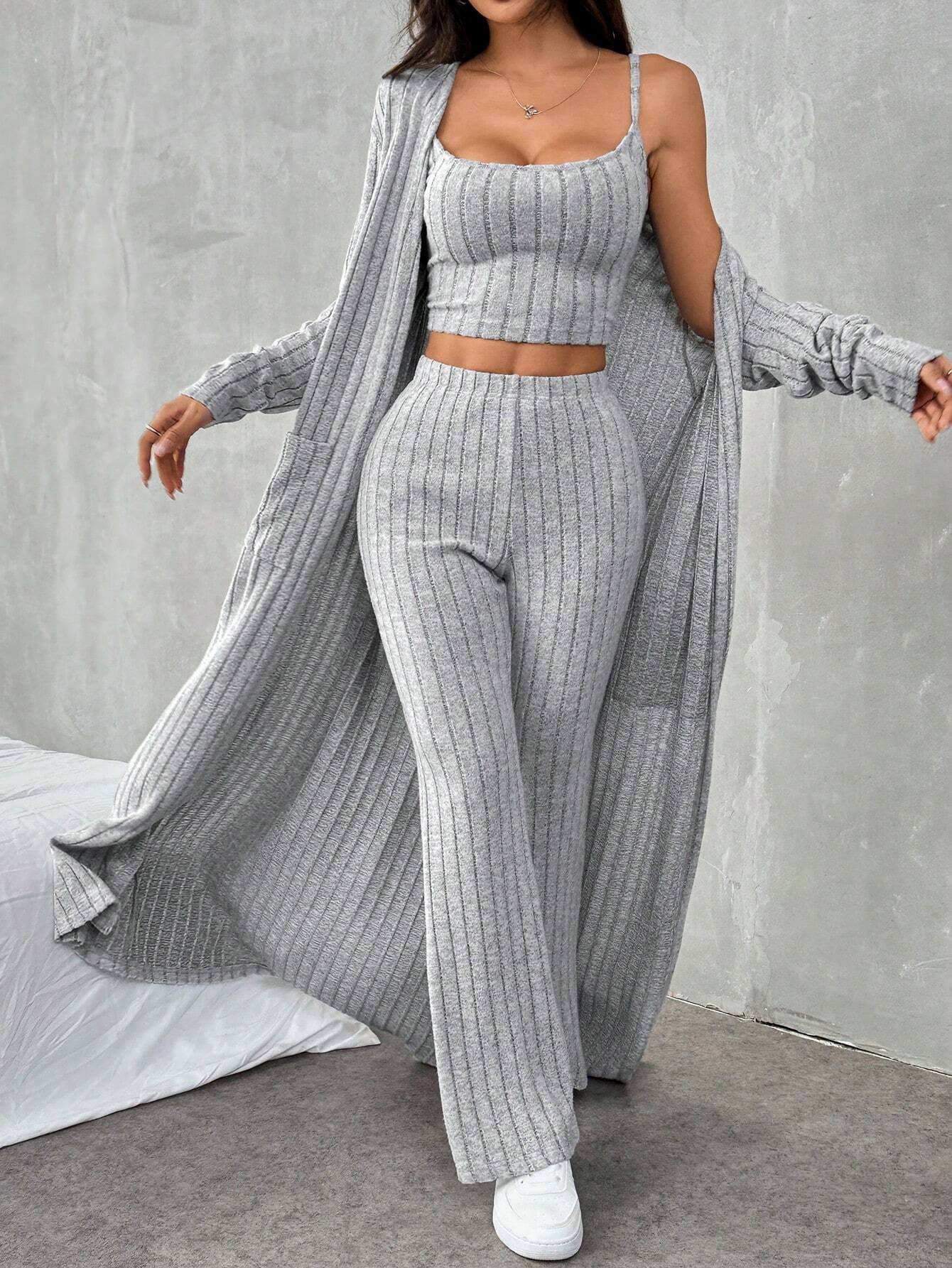 Women's gray 3-piece ribbed knit lounge set with cami crop top, wide leg pants and long open-front cardigan