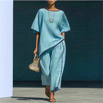 Woman wearing loose coastal lounge co ord set summer outfit