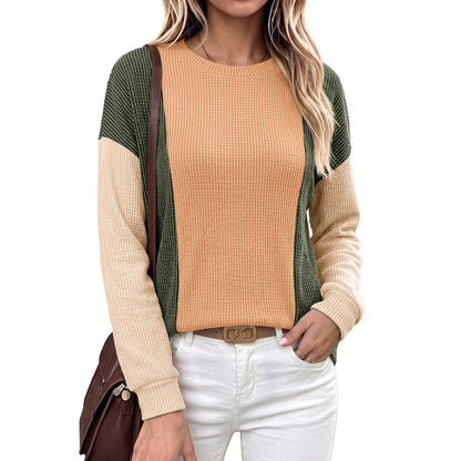 Women's army green color block waffle knit long sleeve casual round neck top