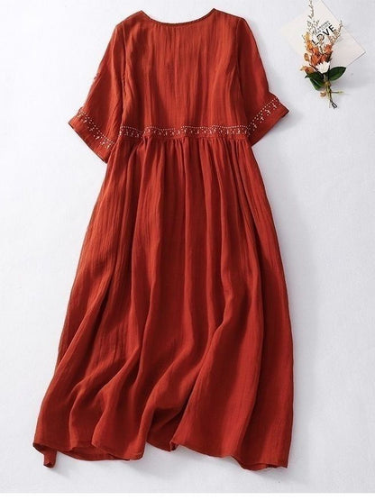 Women's rust red cotton linen embroidered waist flowy A-line midi dress with short sleeves