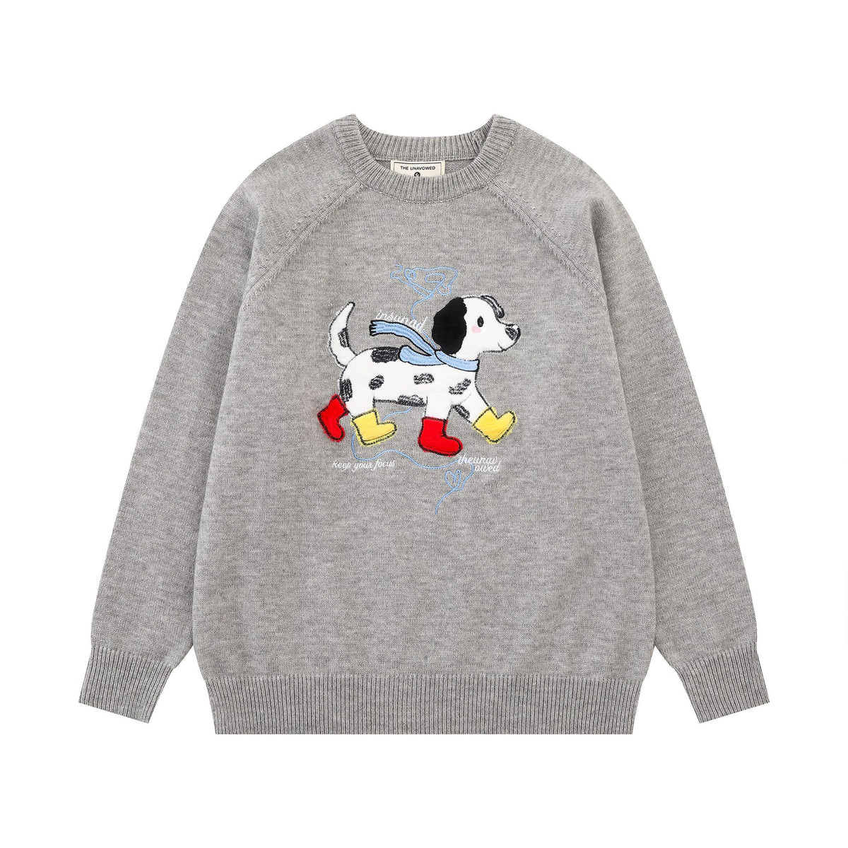 Women's gray oversized knit sweater with cute spotted Dalmatian puppy wearing colorful rain boots embroidery design