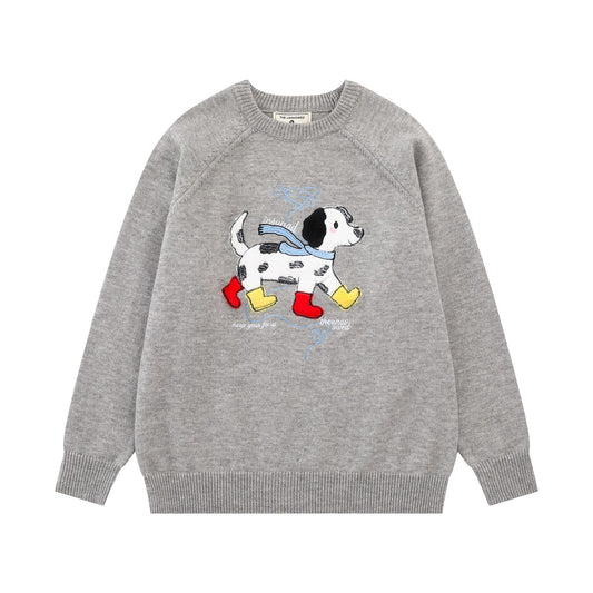 Women's gray oversized knit sweater with cute spotted Dalmatian puppy wearing colorful rain boots embroidery design