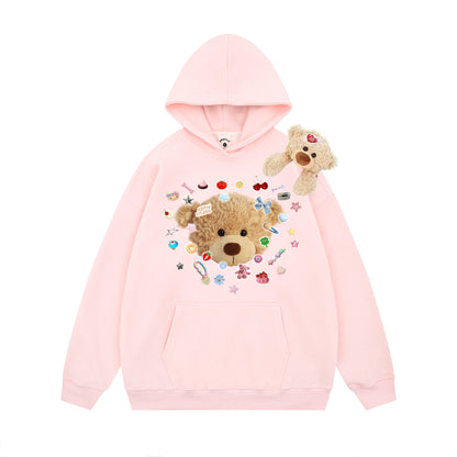Women's pink oversized cute teddy bear graphic print hoodie with plush toy shoulder detail