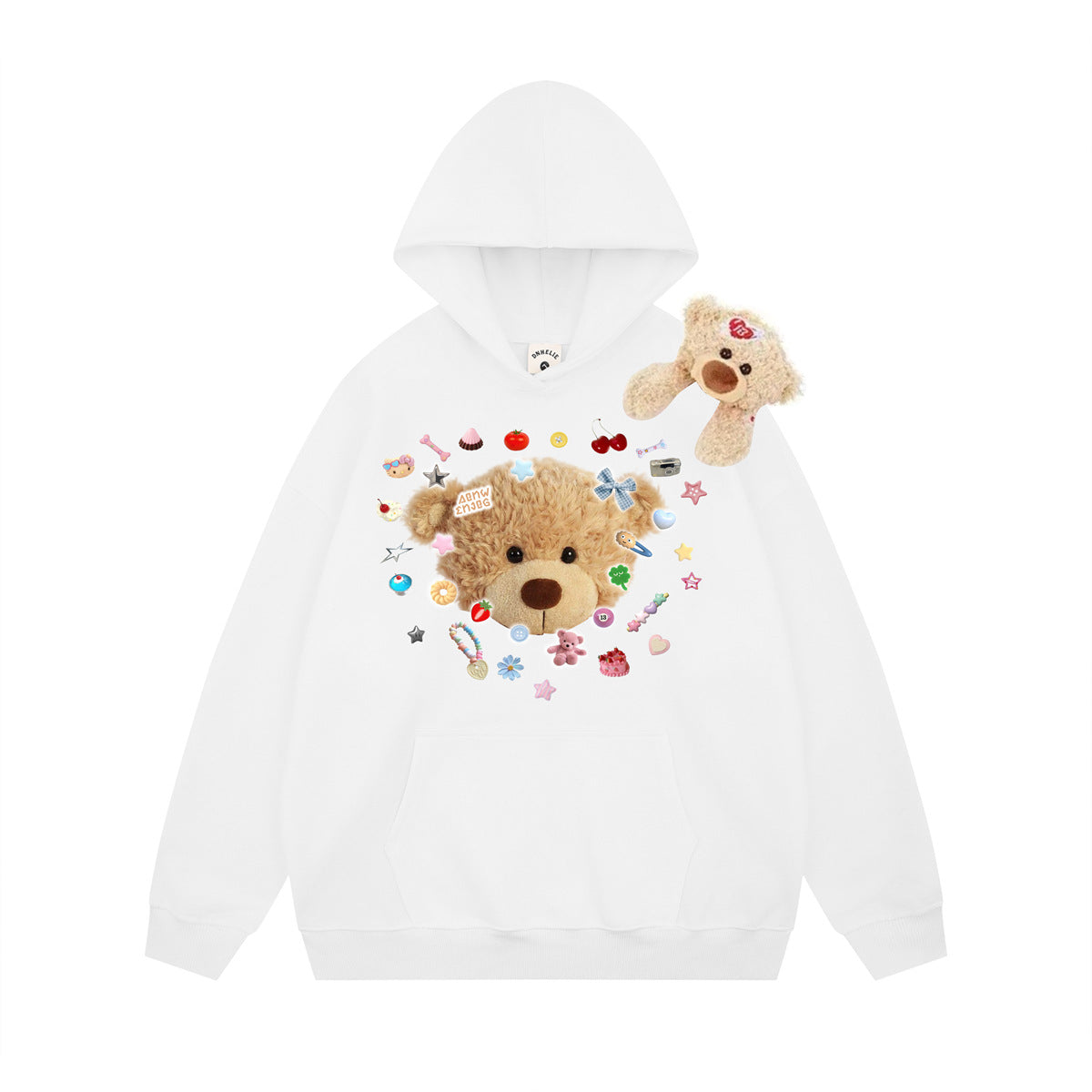Women's white oversized cute teddy bear graphic print hoodie with plush toy shoulder detail