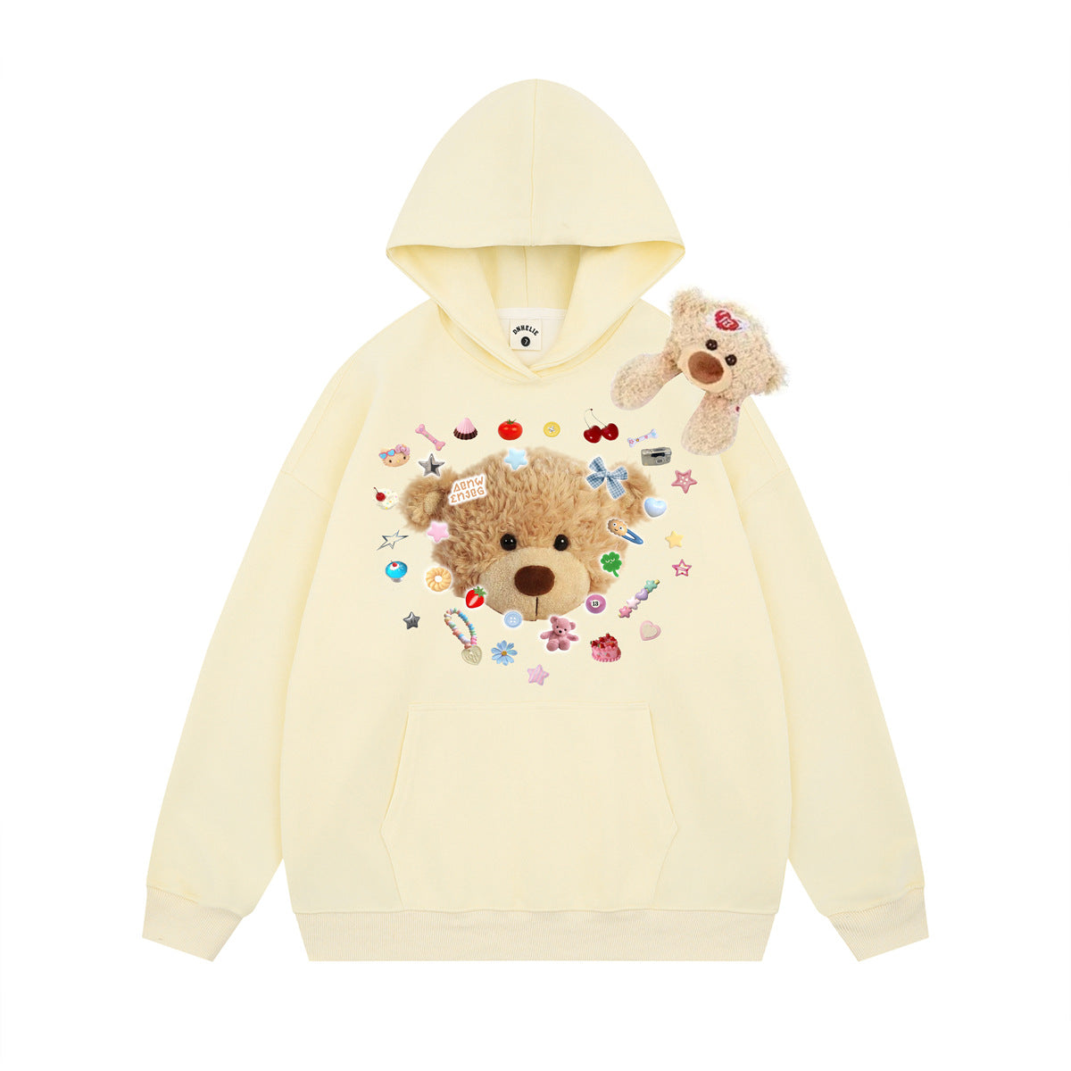 Women's yellow oversized cute teddy bear graphic print hoodie with plush toy shoulder detail