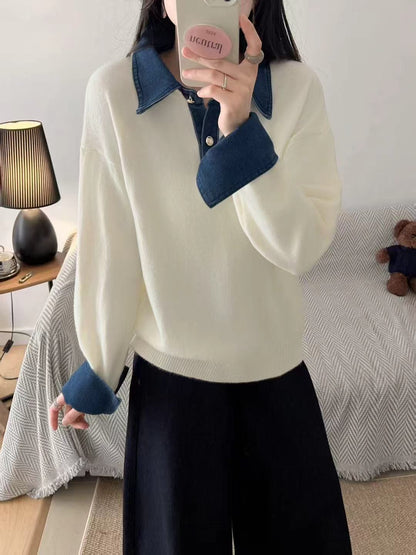 Women's apricot oversized denim polo collar patchwork knit long sleeve pullover sweater