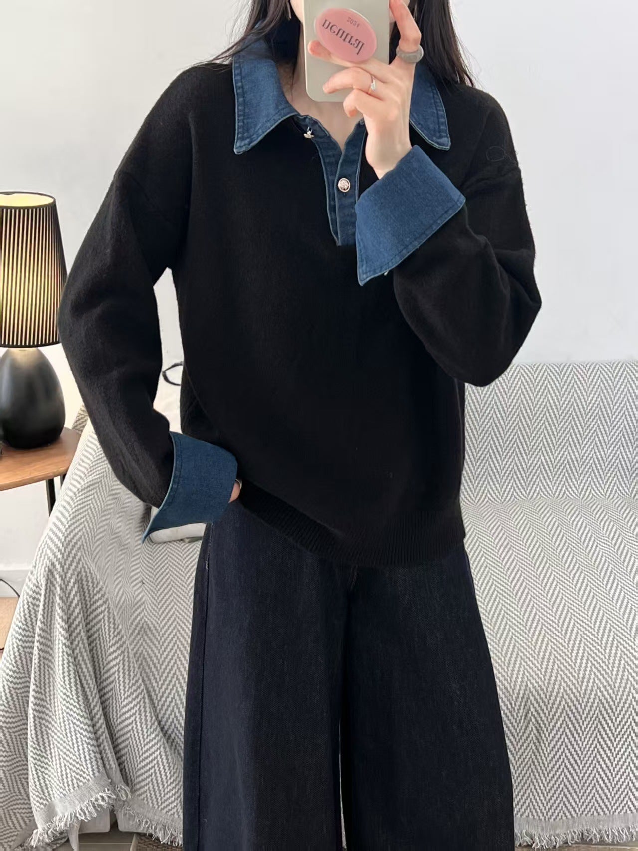 Women's black oversized denim polo collar patchwork knit long sleeve 
