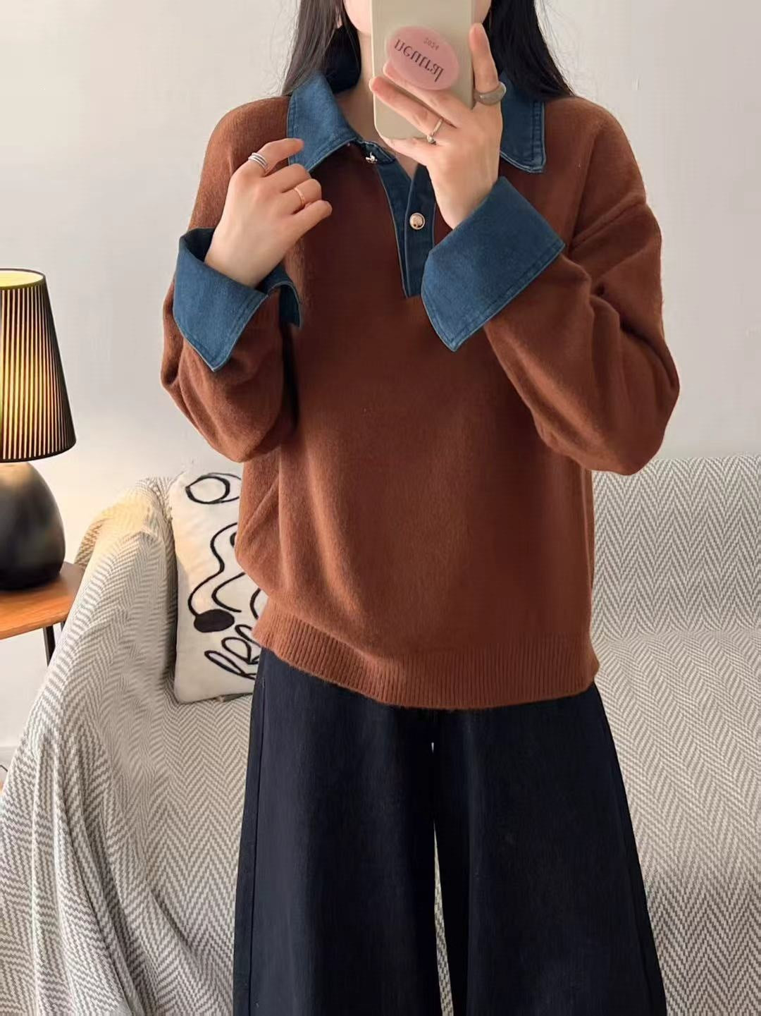 Women's camel oversized denim polo collar patchwork knit long sleeve pullover sweater