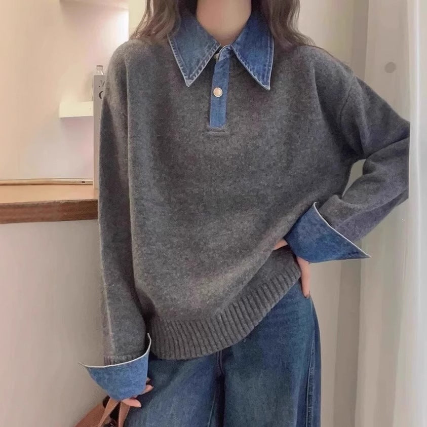 Women's gray oversized denim polo collar patchwork knit long sleeve pullover sweater