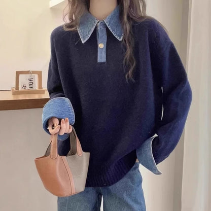 Women's navy blue oversized denim polo collar patchwork knit long sleeve pullover sweater