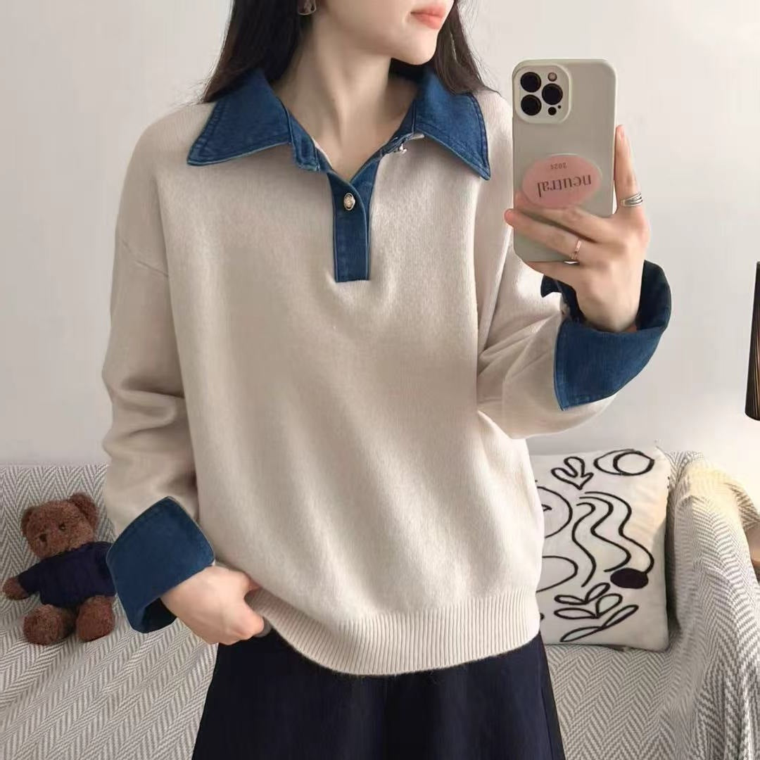 Women's off-white oversized denim polo collar patchwork knit long sleeve pullover sweater
