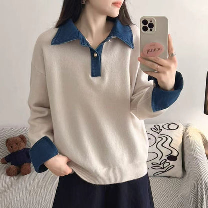 Women's off-white oversized denim polo collar patchwork knit long sleeve pullover sweater