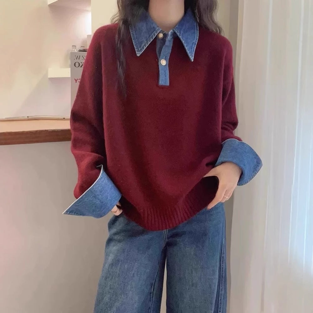 Women's red oversized denim polo collar patchwork knit long sleeve pullover sweater