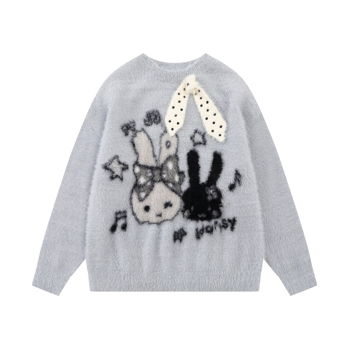Women's gray fuzzy bunny jacquard knit oversized pullover sweater with 3D polka dot ear detail