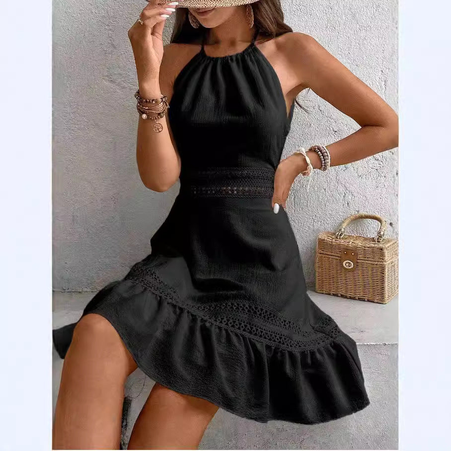 Women's black halter neck backless lace hollow-out mini dress front view