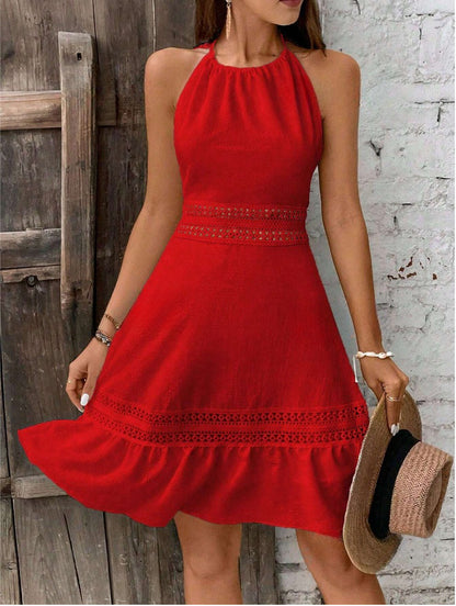 Women's red halter neck backless lace hollow-out mini dress front view
