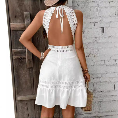 Women's white halter neck backless lace hollow-out mini dress back view showing open back tie-up detail