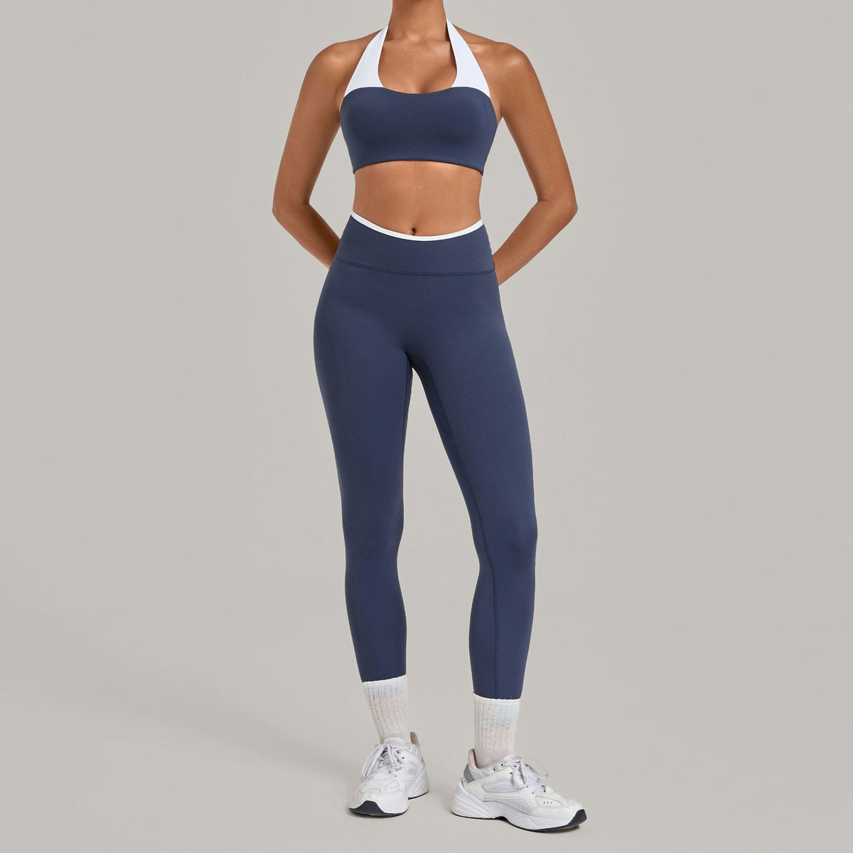 Women's badge blue halter neck contrast white strap nude-feel sports bra and high waist leggings yoga set