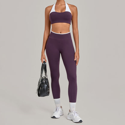 Women's blackberry purple halter neck contrast white strap nude-feel sports bra and high waist leggings yoga set