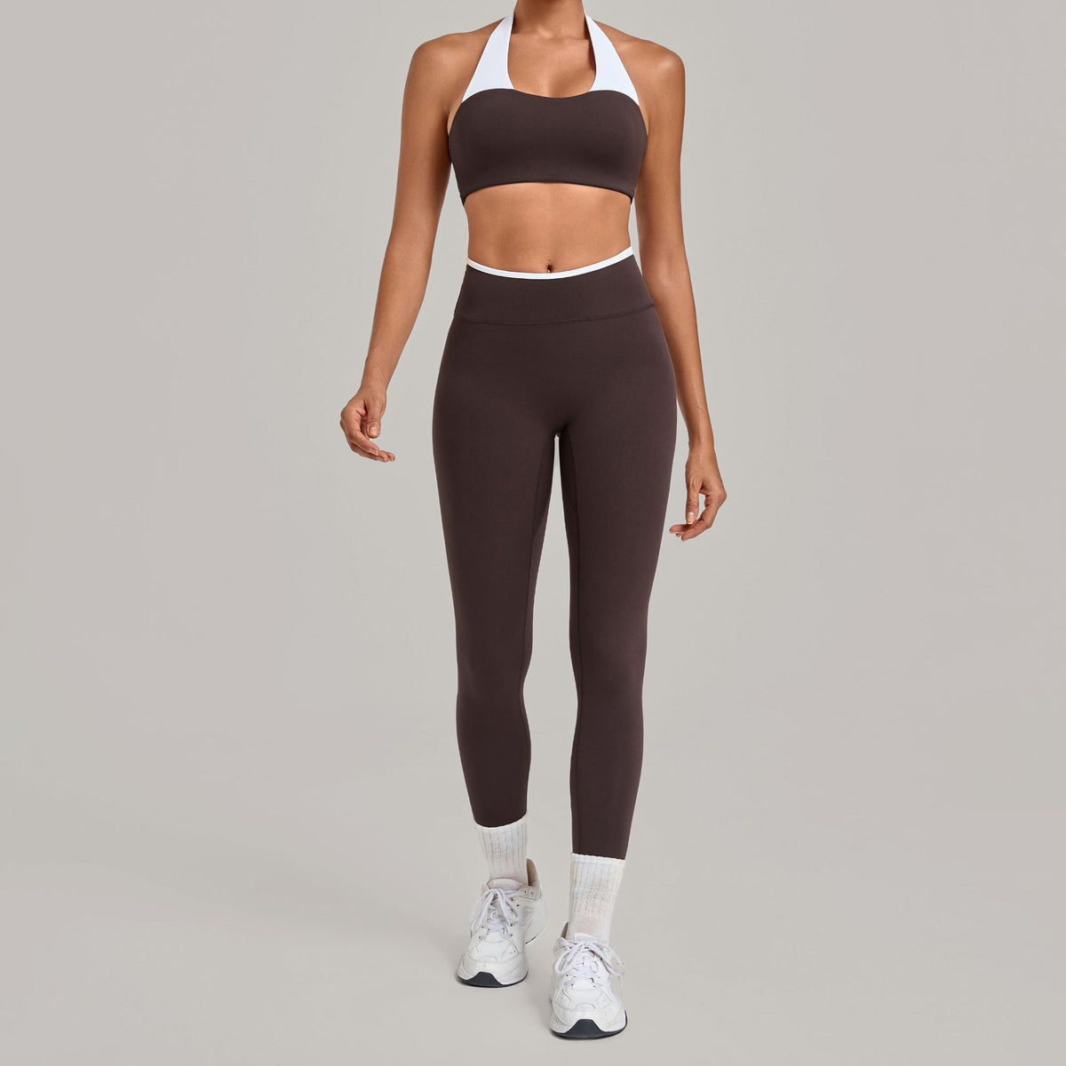 Women's espresso halter neck contrast white strap nude-feel sports bra and high waist leggings yoga set
