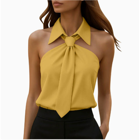 Women's yellow halter neck polo collar tie knot sleeveless elegant top